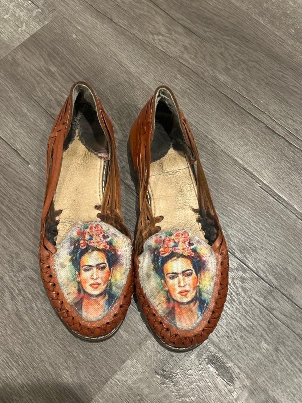 Brown Leather Slip-On Women’s Shoes with Frida Kahlo Portrait